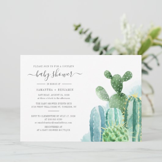 Cacti Botanical Succulent Couples Kinderdusche Einladung (Stehend Vorderseite)