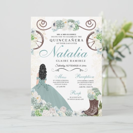 Cacti Floral Mint Grüner Western Charra Quinceaner Einladung (Stehend Vorderseite)