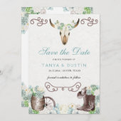 Cacti Floral Western Rustikaler Schädel Save the D Einladung (Vorne/Hinten)