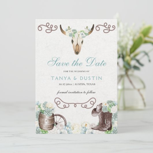 Cacti Floral Western Rustikaler Schädel Save the D Einladung (Stehend Vorderseite)