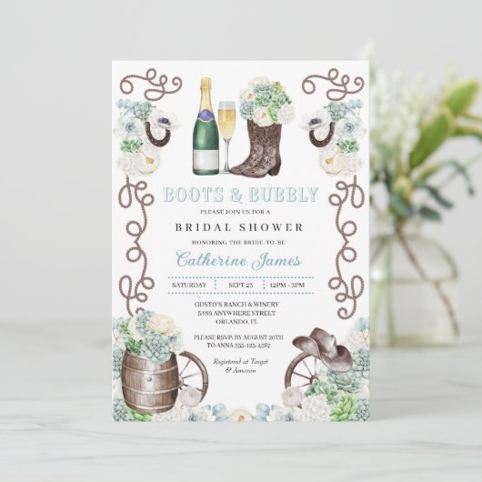 Cacti Floral Western Stiefel & Bubbly Brautparty Einladung (Stehend Vorderseite)
