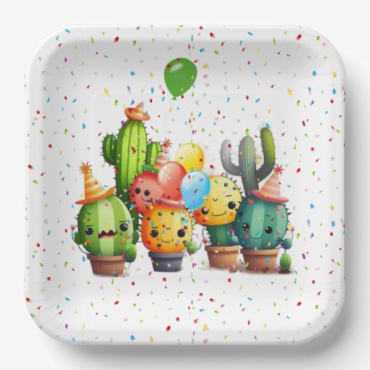 Cacti-Gruppe mit Party Confetti Pappteller (Vorderseite)