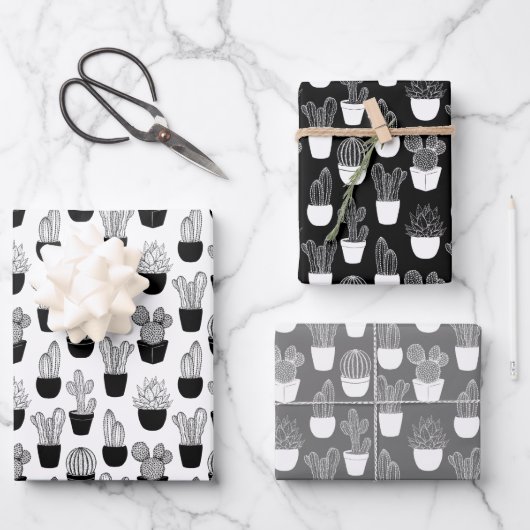 Cacti Line Art Muster Geschenkpapier Set (Vorderseite)
