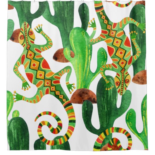 Cacti Lizards Aquarelldruck Duschvorhang (Vorderseite)