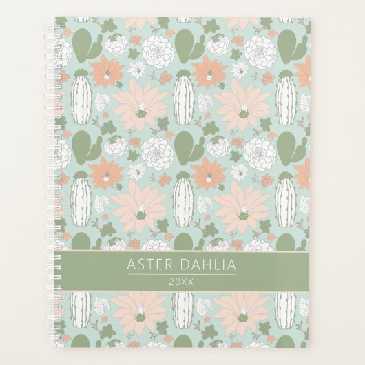 Cacti Peach Green Floral Muster mit Namen Planer (Vorderseite)