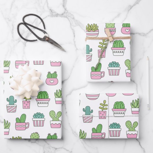 Cacti Succulents Pflanze Doodles Muster Geschenkpapier Set (Vorderseite)