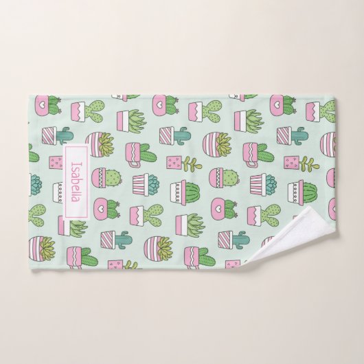 Cacti Succulents Pflanze Doodles Muster Name Badhandtuch Set (Handtuch)