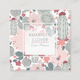 Cacti Succulents Pink Green Pattern Quadratische Visitenkarte