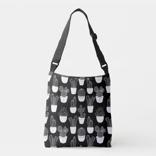 Cacti White Line Art Large Pattern Crossbody Bag Tragetaschen Mit Langen Trägern (Vorderseite)