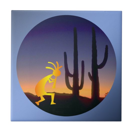 Cactus and Kokopelli Round Fliese (Vorderseite)