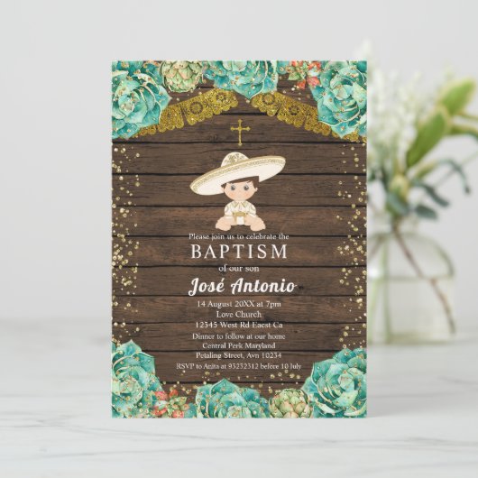 Cactus Baptism Invitation for Boy Einladung (Stehend Vorderseite)