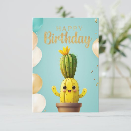 Cactus Birthday Joy: Geburtskarte Einladung (Stehend Vorderseite)