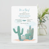Cactus Blooms Blue Baby Shower Einladung (Stehend Vorderseite)
