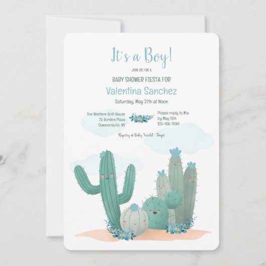 Cactus Blooms Blue Baby Shower Einladung (Vorderseite)