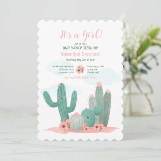 Cactus Blooms Girl Baby Shower Einladung (Stehend Vorderseite)