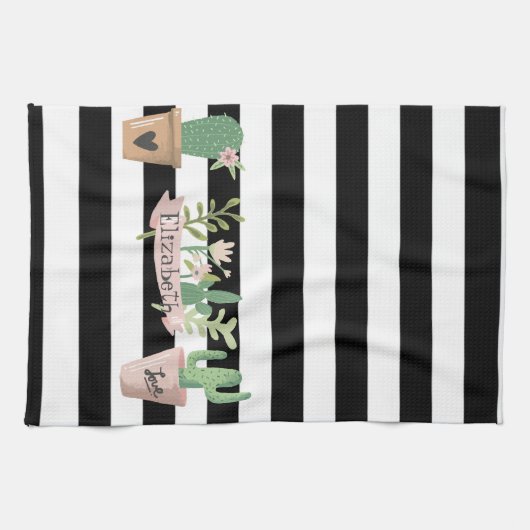 Cactus Blume Schwarz-weiß Stripes Geschirrtuch (Horizontal)