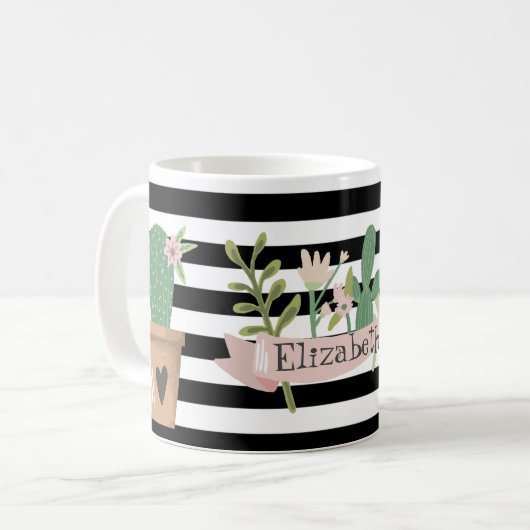 Cactus Blume Schwarz-weiß Stripes Kaffeetasse (Vorderseite Links)