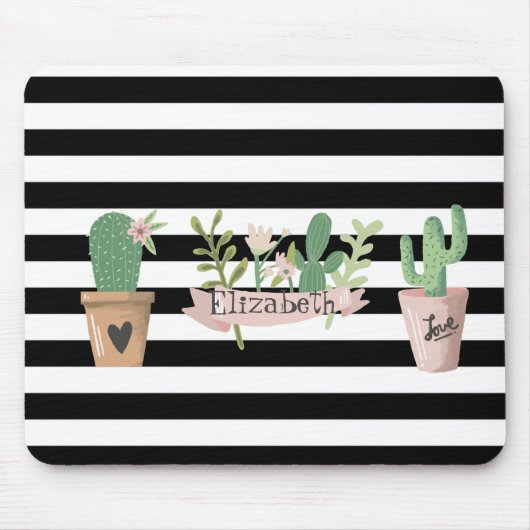 Cactus Blume Schwarz-weiß Stripes Mousepad (Vorne)