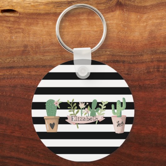 Cactus Blume Schwarz-weiß Stripes Schlüsselanhänger (Vorderseite)