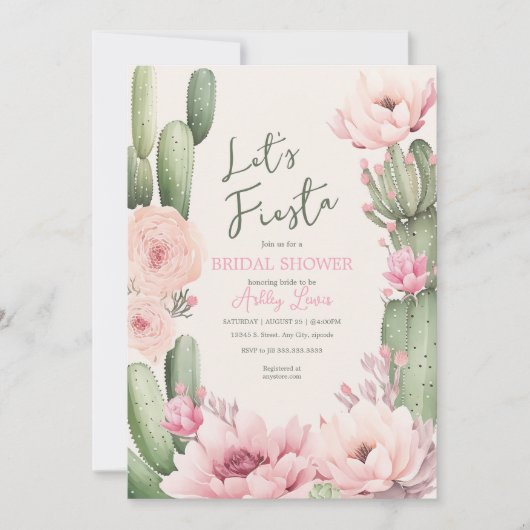Cactus Blush pink Fiesta Boho Greenery Bridal Einladung (Vorderseite)