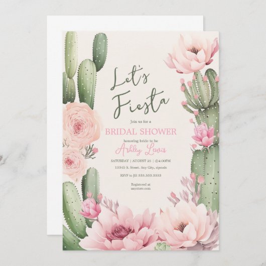 Cactus Blush pink Fiesta Boho Greenery Bridal Einladung (Vorne/Hinten)