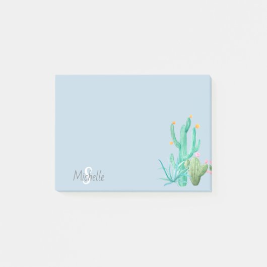 Cactus Cacti Succulent Südwest Blue Monogram Post-it Klebezettel (Vorderseite)