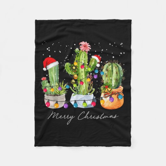 Cactus Christmas Xmas Trees Lights Santa Hat Cactu Fleecedecke (Vorderseite)
