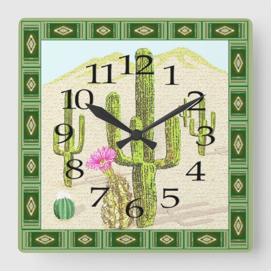 Cactus Clock im Südwesten Quadratische Wanduhr (Vorderseite)