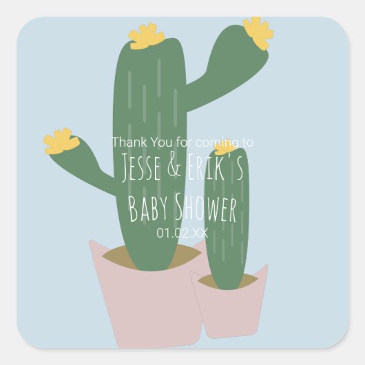 Cactus Cupcakes Baby Dusche Danke Blue Quadratischer Aufkleber (Vorderseite)