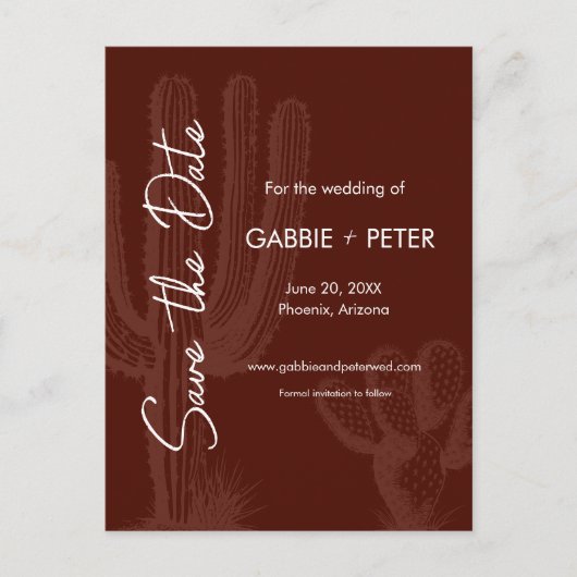 Cactus Desert Maroon Terra Cotta Save the Date Postkarte (Vorderseite)