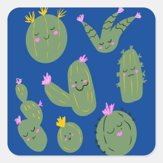 Cactus Doodle Cartoon Funny Blue Quadratischer Aufkleber (Vorderseite)