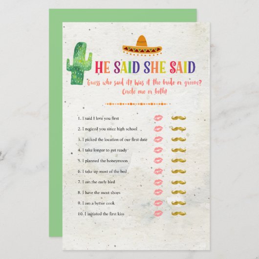 Cactus, er sagte, sie habe Brautparty-Spielkarte (Vorne/Hinten)
