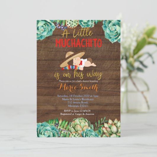 Cactus Fiesta Baby Muchacho Baby Shower Einladung (Stehend Vorderseite)