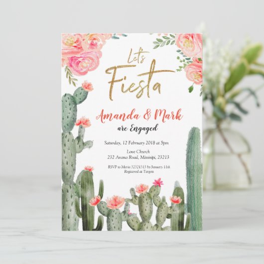 Cactus Fiesta Engagement Party Einladung (Stehend Vorderseite)
