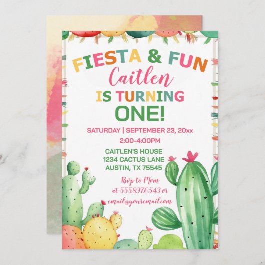 Cactus Fiesta First Birthday Girl Colorful Einladung (Vorne/Hinten)