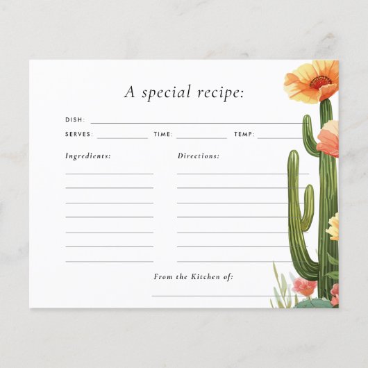 Cactus Fiesta Floral Brautparty Rezept Card (Vorderseite)
