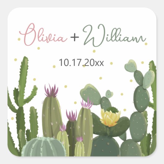 Cactus Fiesta Wedding Quadratischer Aufkleber (Vorderseite)
