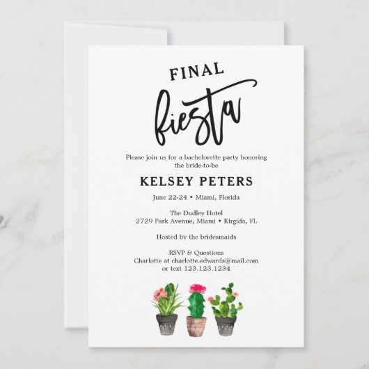 Cactus finale Fiesta Junggeselinnen-Abschied Einladung (Vorderseite)