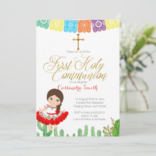 Cactus First Heilige Kommunion Einladung (Stehend Vorderseite)