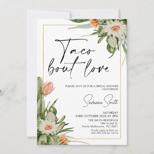 Cactus Floral Gold Frame Taco Liebe Brautparty Einladung (Vorderseite)