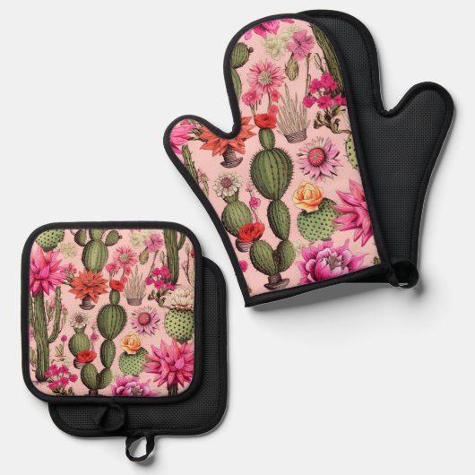 Cactus floral oven Mitt and Pot Holders Ofenhandschuh & Topflappen-Set (Vorderseite/Rückseite)