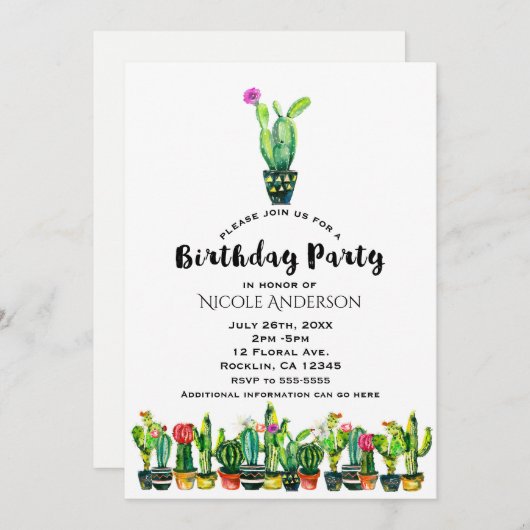 Cactus floral Rustic Southwestern Birthday Party Einladung (Vorne/Hinten)