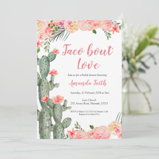 Cactus Floral Taco über Liebe Brautparty Einladung (Stehend Vorderseite)