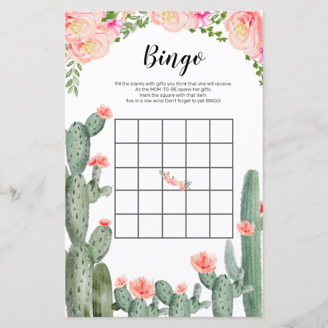 Cactus Floral Watercolor Bingo Game (Vorderseite)