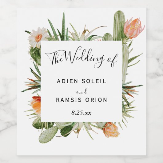 Cactus Floral Wüste Wedding Wine Label Weinetikett (Einzelnes Label)