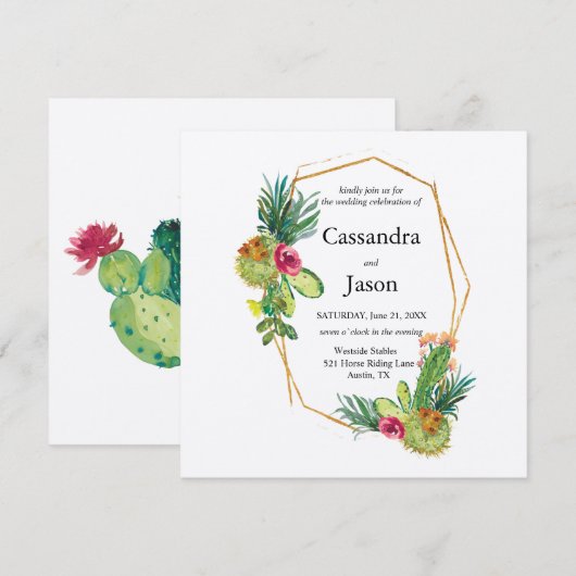 Cactus Geometric Gold Frame Wedding Einladung (Vorne/Hinten)