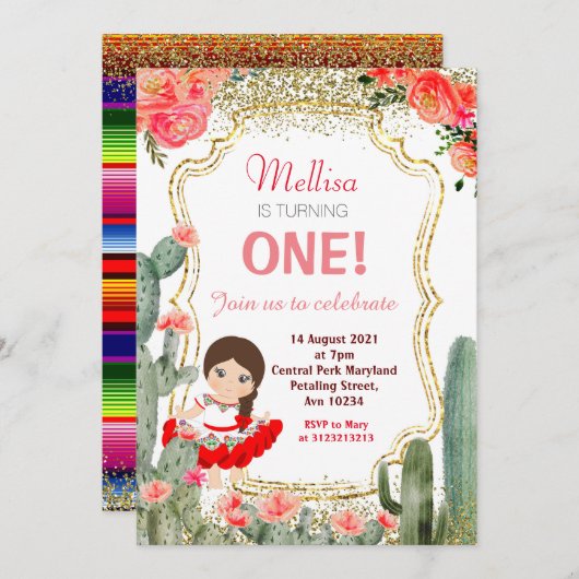 Cactus Girl Mexican Fiesta Birthday Party Einladung (Vorne/Hinten)