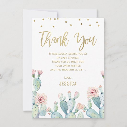 Cactus Gold Calligraphy Baby Dusche Danke Karte (Vorderseite)