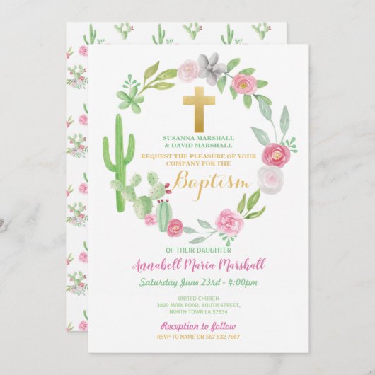 Cactus Green Baptisse Christening Cacti Pink Einladung (Vorne/Hinten)