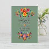 Cactus Green & Coral Rose Folk Art Fiesta Wedding Einladung (Stehend Vorderseite)